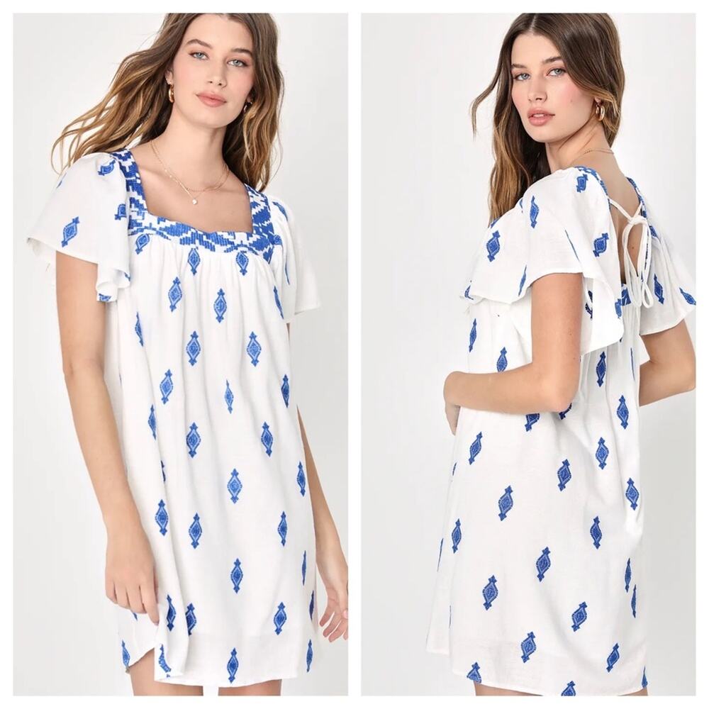 NEW Lulus Mykonos Moment White & Blue Embroidered Shift Dress Linen Blend XL